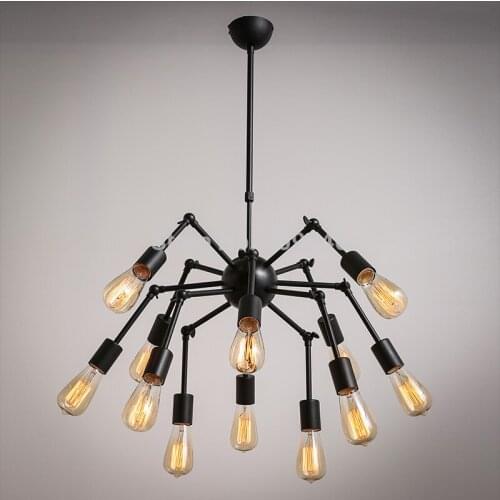 Loft RH 12 Lights Edison Industrial Vintage Spider Iron Chandeliers for Cafe Bar Dining Room Living Room Painted Finish Black