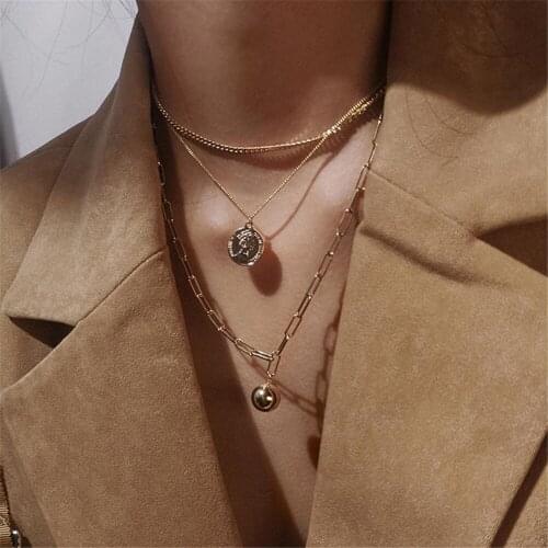 MAA-OE Vintage Multilevel Glossy Sphere Pendant Necklaces For Women 2021 Fashion Gold Human Head Coin Female New Jewelry Gift