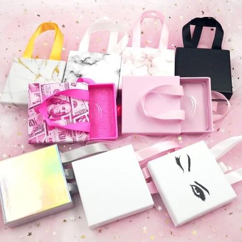 NEW Ribbon Wholesale Eyelash Package Box Lashes Boxes Packaging Marble Design Mink Eyelashes Square Case Print Logo