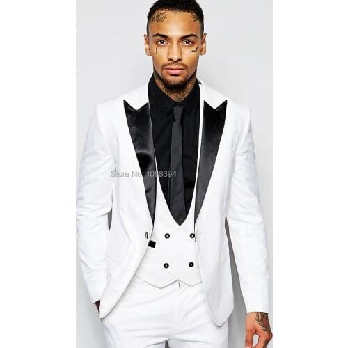 2018 New Arrival Prom Suits Party Clothing Black Peaked Lapel White Suit For Wedding Mens Suits Wedding Groom Tuxedos Groomsman