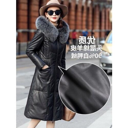 Real sheepskin down genuine winter womens hooded jacket, fox fur, long leather coat, warm 2020