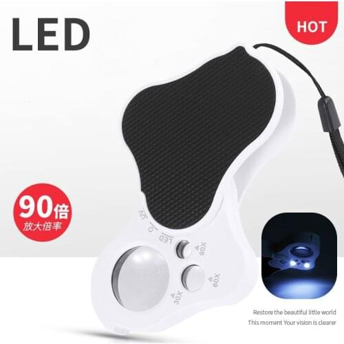 Wholesale 30X 60X 90X hand-held folding magnifying glass 2 LED lights portable Jewellery UV banknote inspection lamp Magnifier