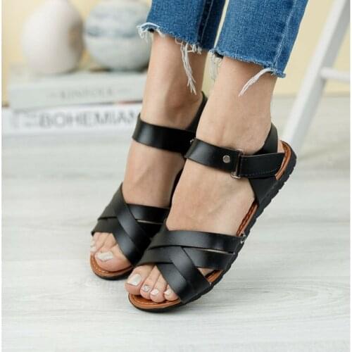 Summer Womens Gladiator Sandals Flat Sole Open Toe Faux Leather Black Tan White Color Casual Shoes Stylish Design Fashion 2021 Roman Style Retro Comfortable Made in Turkey Banded Cross Geometric Shape