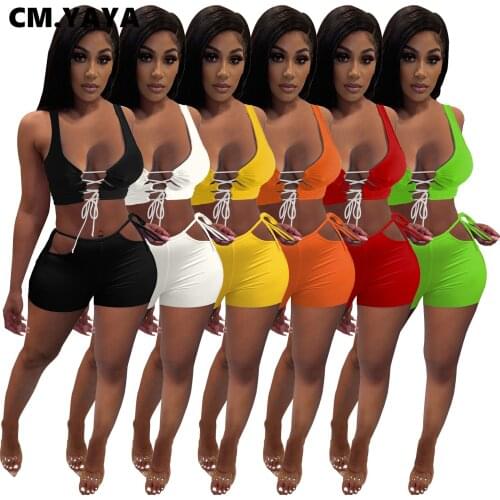 CM.YAYA Beach Sexy Active Women Two 2 Piece Set Outfit Fashion Lace Up Crop Tops and Shorts Matching Set Jogger Tracksuit 6color