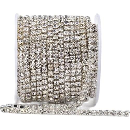 10 Yards Crystal Rhinestones Close Chain Clear Trim Sewing Craft- Silver Base
