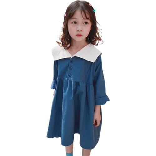 Navy Blue School Style Long Sleeve Dress Age For 3 - 8 Years Baby Girls 2021 Spring Children Clothes Casual Simple Kids Frocks