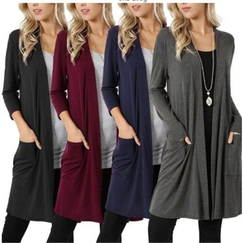 Spring Autumn Women Simple Jacket Long Sleeve Mid-length Cardigan Female Long Pocket Coat
