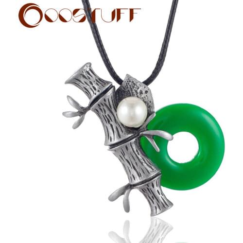 Vintage Long Necklace with Bamboo Pendant Green Stone necklaces & pendants Wholesale Plant Jewelry collares mujer colar choker