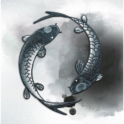 AHYONNIEX Brand Tai Chi Black Color Fish Embroidered Patches Sewing Stickers for Clothing Applique Diy Accessories