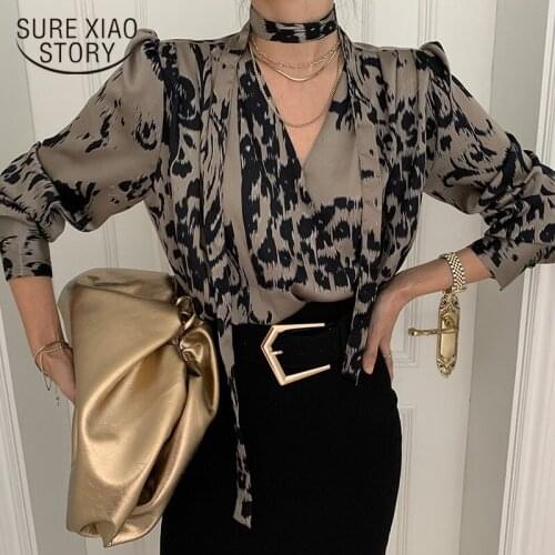 Office Lady Long Sleeve Spring Blouse Korean V Neck Leopard Printing Women Blouse Clothing Single Breasted Ladies Shirts 13667