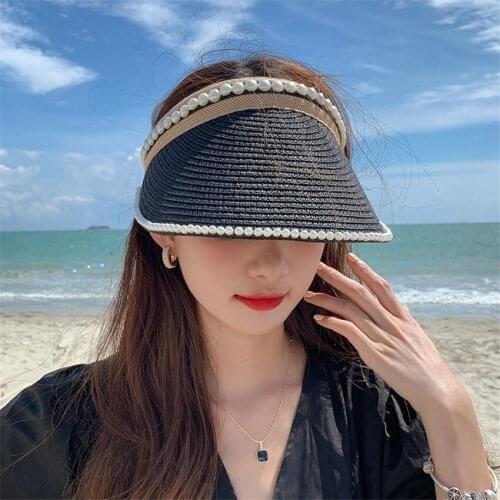 Women Peal Straw Hat Summer Sun Visor Empty Top Korean Fashion Sun Hat Outdoor Beach Cap Holiday Dropshipping