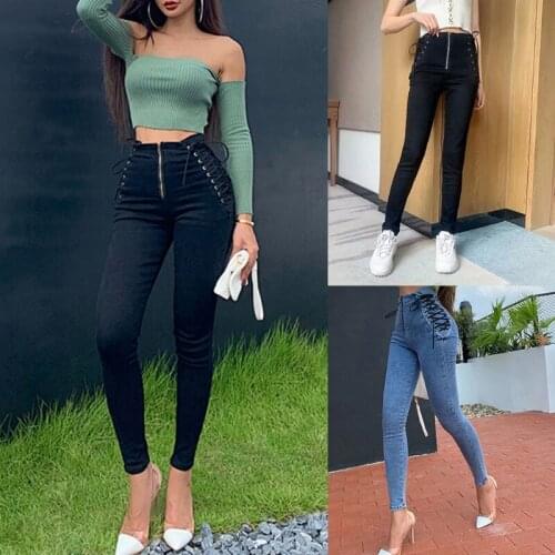 Women Sexy High Waist Zipper Skinny Jeans Side Lace-Up Bandage Slim Denim Pants
