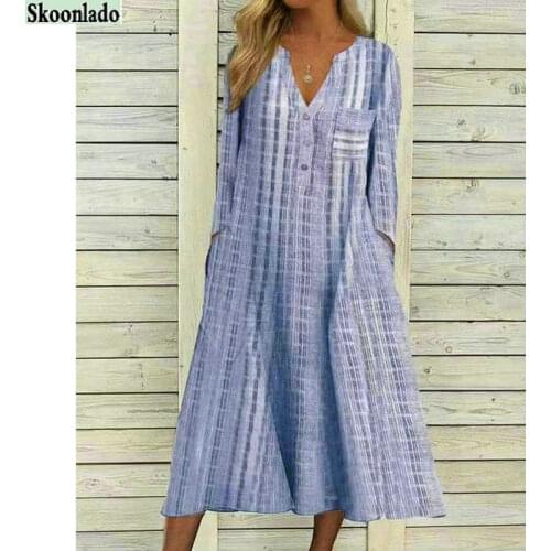 Hot style V-neck new pocket button loose temperament cotton linen dress in 2021