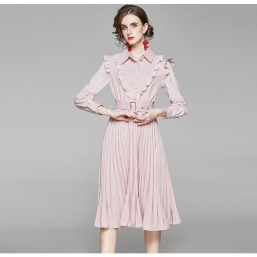 Spring Summer New Women Solid Turn Down Collar Ruffles Dress Long Sleeve Draped Casual A Line Slim Dresses vestidos With Blet
