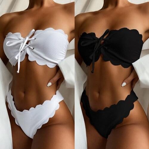 Ladies Split Sexy Solid Color Cut Flower Bikini Bandeau School Girl Backless String Bathing Lace Swimsuit