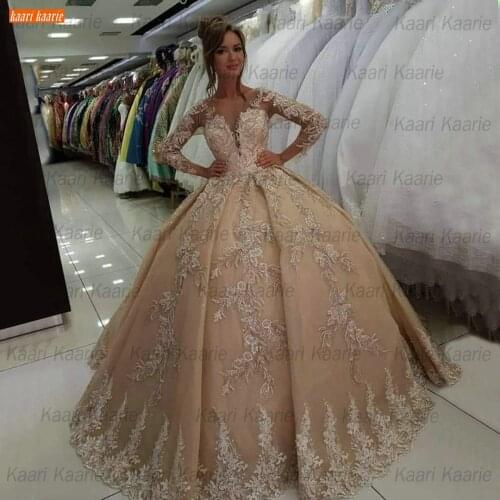 Champagne Wedding Dress 2021 Long Sleeves vestido de novia O Neck Lace Appliqus Ball Gown Bridal Dresses fluffy abito da sposa