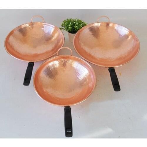 1 PC Pure Copper Frying Pan Wok with Wooden Lid Handle Spatula Handmade Thick