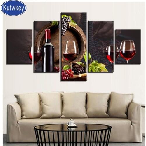 5 Panel,Red wine diamond Painting full drill square round diamond art grape mosaic diamond embroidery Rhinestone Home Decoration