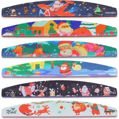 6Pcs Professional File Sandpaper Christmas double-sided Suit Strong Thick Nail Files Buffer Sanding Half Moon Nail Tools 100/180