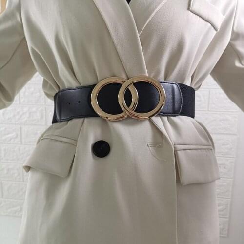 Big Circle Buckle Wide Cummerbund Girl Fashion Gold Alloy Round Buckles Belt Black White Elastic Waistbands For Coat Dress Women