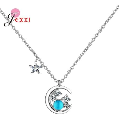 Women Trendy 925 Sterling Silver Pendant Necklace Opal Stone Wedding Ornament Moon Stars Dark Night Style for Mood Tracker