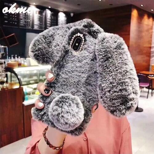 Okme Plush Warm Phone Case for iPhone XS Max XR X Case 3D Rabbit Ears Furry fluffy Fur Cover for iPhone 6 6S 7 8 Plus Cases