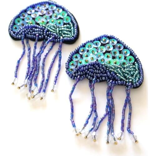 2pc cute blue Jellyfish patches for clothes rhinestone beaded Patches for clothing DIY sew on parches Embroidery appliques