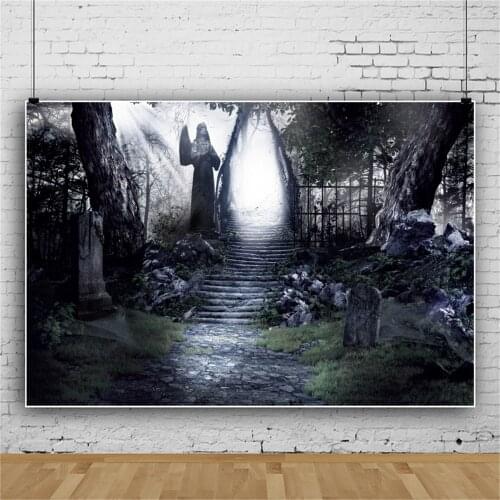 Laeacco Happy Halloweens Festivals Dark Tomb Staircase Park Horrible Tree Way Party Decor Photograhic Background Photo Backdrops