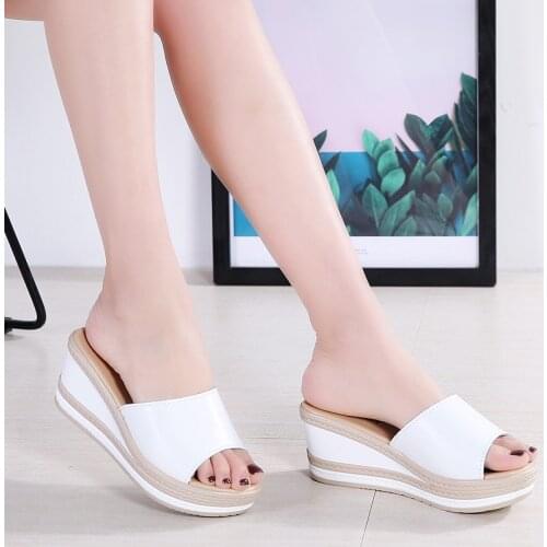 Summer Women Leather Slippers Open Toe Flip Flops Sandals Women Wedges Slippers Black White Slides Shoes