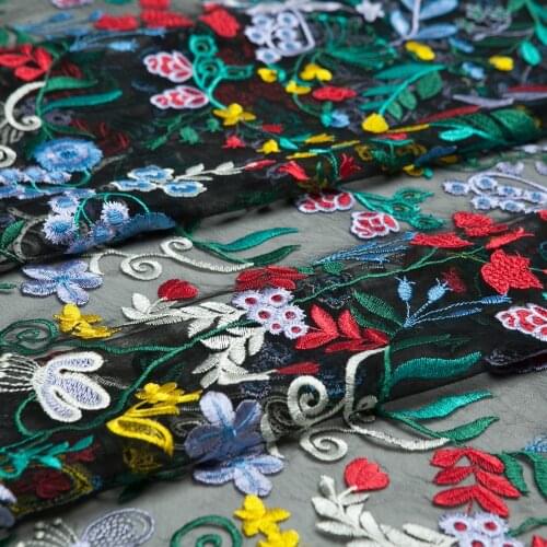 Fashion butterfly and leaves embroidery lace black mesh fabric, sewing for dress, skirt, wedding, dancing, craft by the yard
