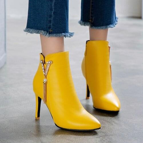 YMECHIC Fashion Sexy Stiletto High Heel Boots Yellow White Crystal Chains Party Wedding Bride Shoes Plus Size Ankle Boots Winter