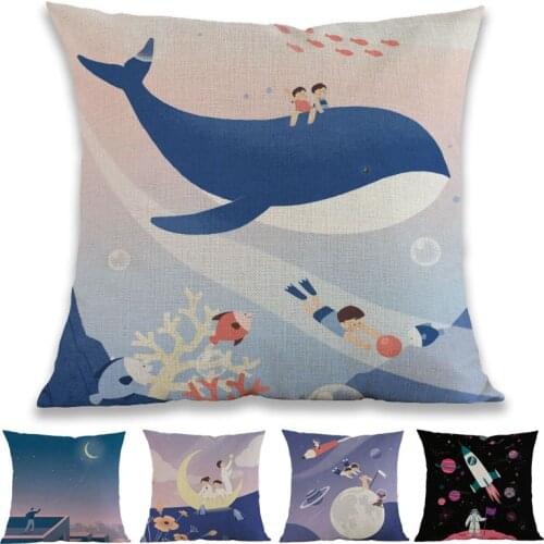 Cartoon Imagination person Child Night constellation Moon Whale universe Pillow Case Sofa Kids Room Decorative Cushion Cover