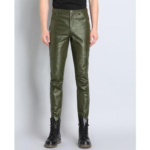 Mens Genuine Leather Pants Natural Real Leather Sheepskin Motorcycle Casual Male Trousers Black Green Skinny Pants Plus Size