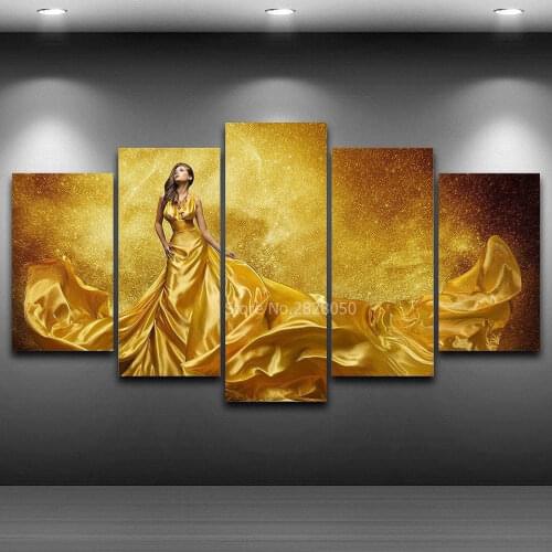 Wall Art Canvas Prints Wall Picture Painting Panels Home Decoration Unframed Golden Long Dress Woman Unframed