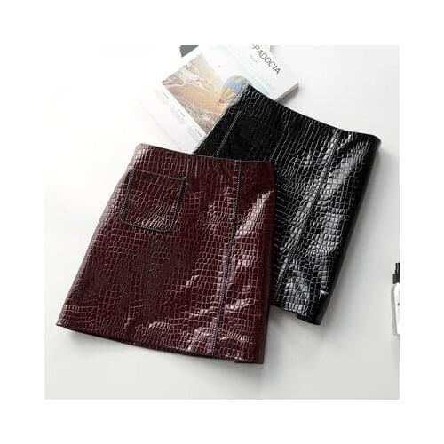 2018 New High Waist Irregular Crocodile Pattern Sheepskin Skirt