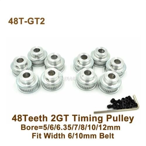 POWGE 48 Teeth 2GT Timing Pulley Bore 5/6/6.35/7/8/10/12mm Fit W=6/10mm 2GT Synchronous Belt 48T 48Teeth GT2 Pulley
