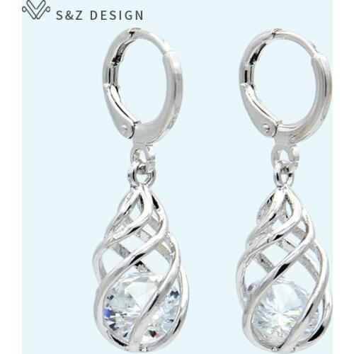 S&Z 2019 New Fashion Spiral Hollow Water Drop Dangle Earrings Cubic Zirconia White GoldEardrop For Women Wedding Party Jewelry