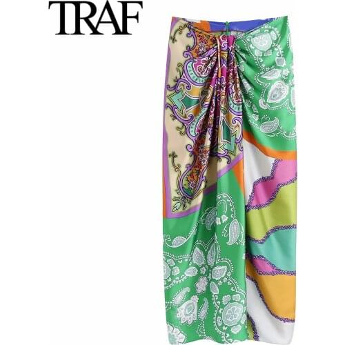 Traf Za Women Clothing 2021 High Waist Pleated Chic Printed Medium Length Skirt Gothic Vintage Sexy Midi Skirt Pencil Skirt