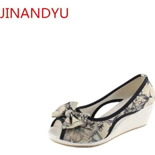 Flax Wedges Shoes for Women Sandals Middle Heels Comfy Peep Lady Thick Sole Casual Shoes Wedges Heels Mother Sandalia Sport