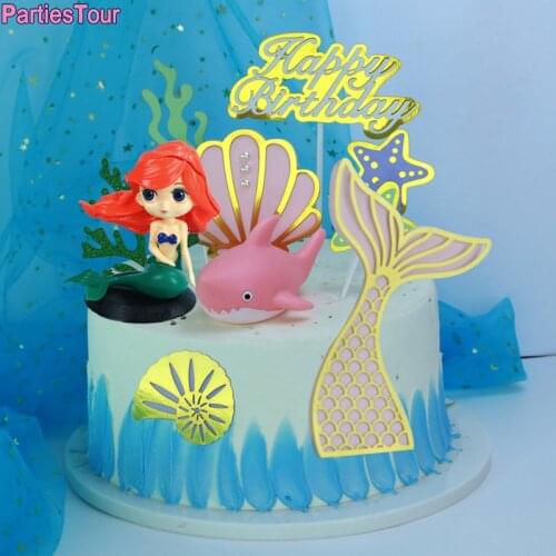 Mermaid Theme Cake Decortions Happy Birthday Cake Topper Under The Sea Theme Cake Topper Flag Kids Favors Mermaid Party Supplies