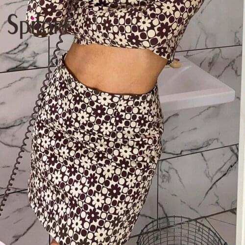 Spifore Vintage Mini Skirt Brown High Waist Print A-Line Skirts Women 2021 Summer Floral Skinny Ladies Clothes