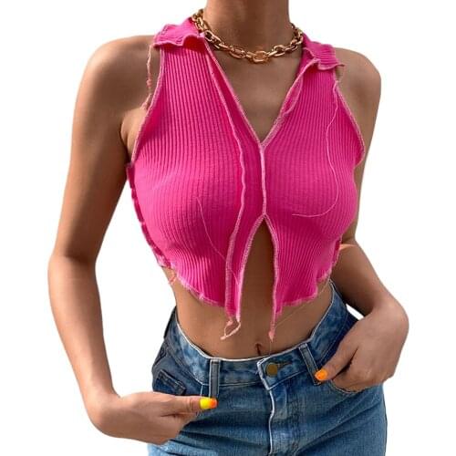 Womens Summer Ribbed Cropped Tank Top Solid Color Sleeveless Slim Fitting V-Neck Exposed Navel Soft Wild Knitted Vest