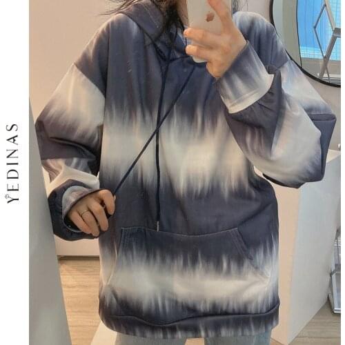 Yedinas Tie-dye Women Oversized Hoodies Autumn Winter Female Fleece Hooded Harajuku Sweatshirt Fashion Loose Tops Girls Hoodie
