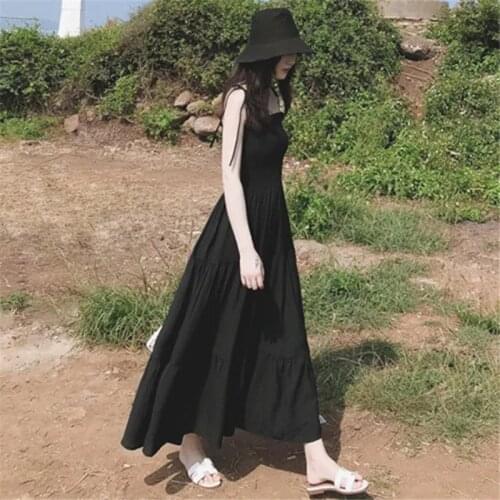 Korean Style Casual Sleeveless Black Maxi Dress Women Summer Boho Adjustable Strap Sling Long Dress Vestidos