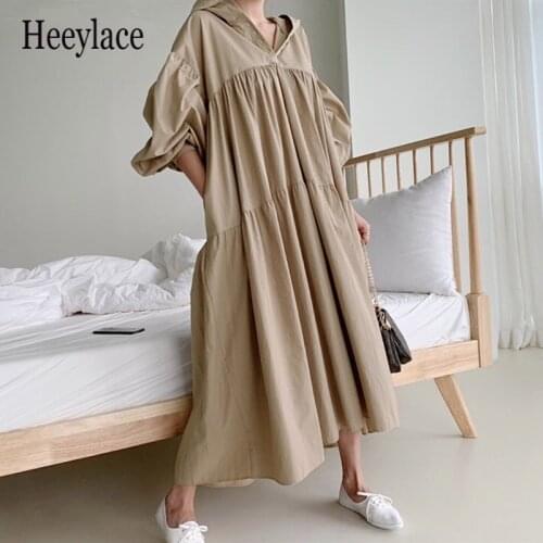 New 2021 Women Summer Autunm Dress Fashion Oversize Hooded High Waist Korean Elegant Vintage Pleated Elegant White Long Dresses