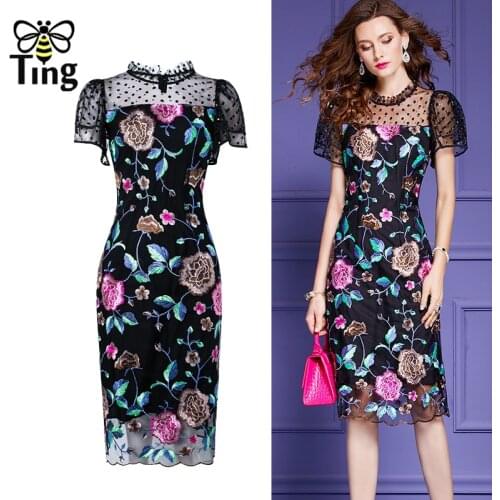 Tingfly Vintage Elegant Flower Embroidery Lace Knee Length Dress Summer Short Sleeve Bodycon Black Office Work Dresses Plus Size