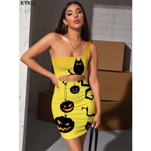 KYKU Brand Pumpkin Dresses Women Halloween Bodycon Dress Bat Halter Sleeveless Moon Pleating Womens Clothing Plus Size Short