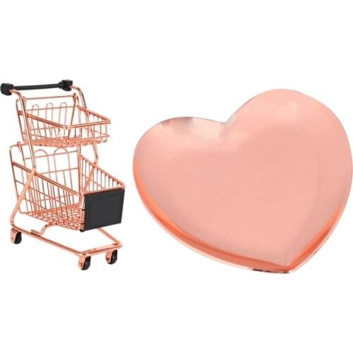 1 Pcs Heart Shaped Jewelry Serving Plate Metal Tray & 1 Pcs Mini Double Layers Shopping Storage Basket