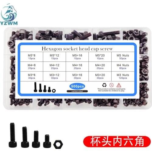 500pcs Black Cylinder Head Hexagon Screw Nut Set Screw Cup Head Hexagon Box Screw