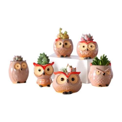 6pcs/pack Creative Ceramic Owl Flower Pots Mini Size Ceramic Planter Desk Flower Pot Cute Succulent Pot